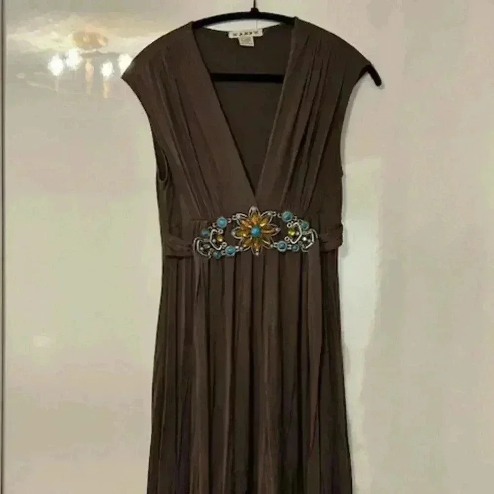 V-Neck, Beaded Belt Brown Dress